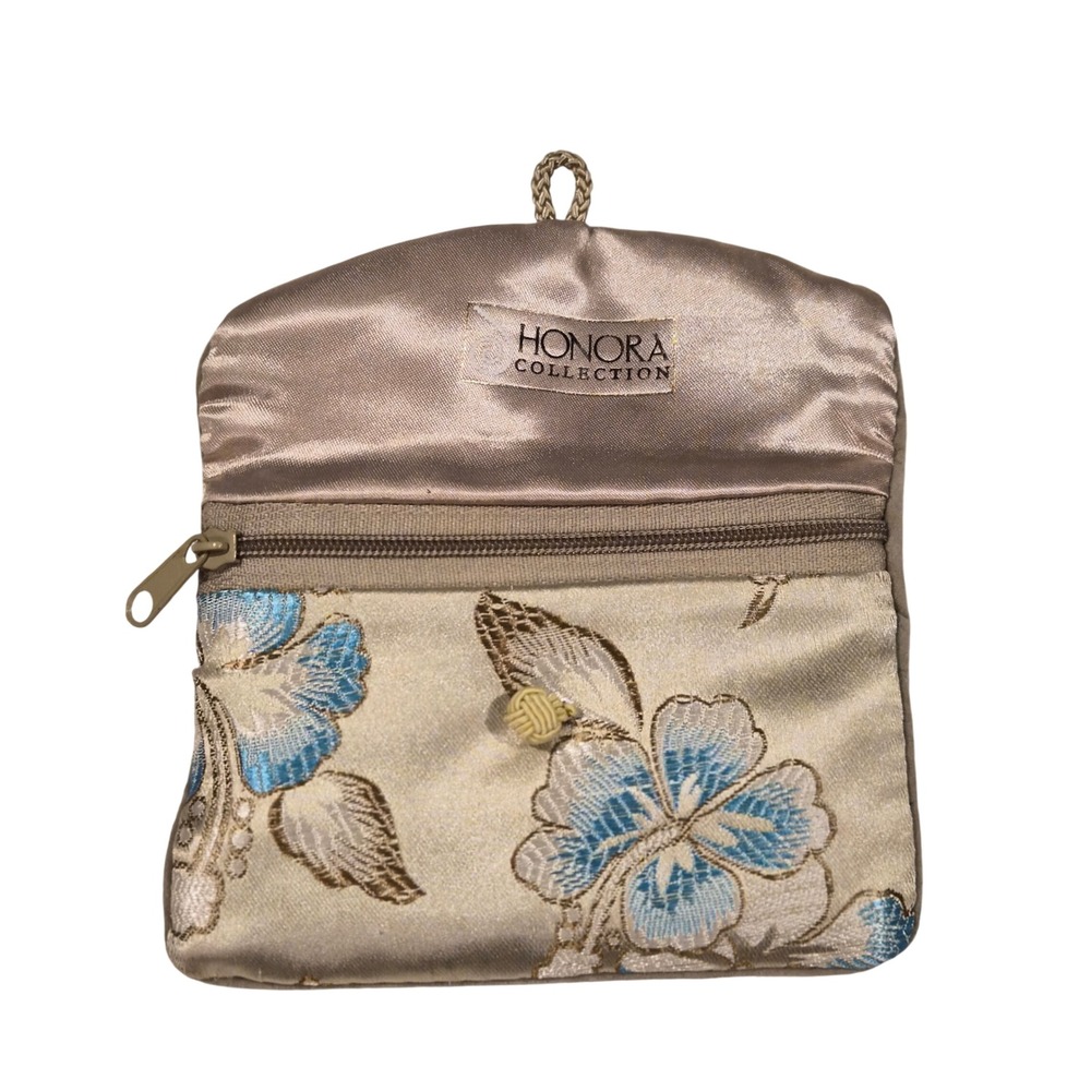 Honora Collection Champagne Blue Floral Satin Jewelry Travel Pouch Bag